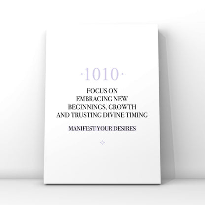 Minimalist typography print featuring a soft purple 1010 angel number and a pastel purple background highlight behind the words Manifest Your Desires.