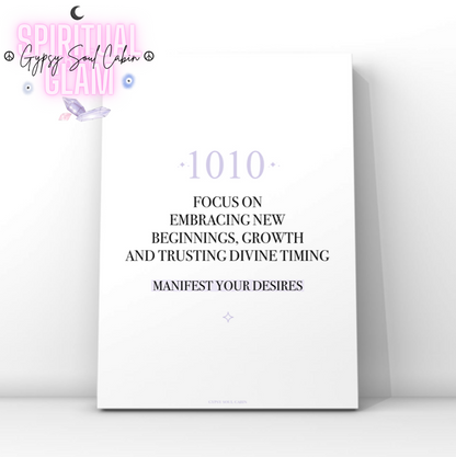 Minimalist typography print featuring a soft purple 1010 angel number and a pastel purple background highlight behind the words Manifest Your Desires.