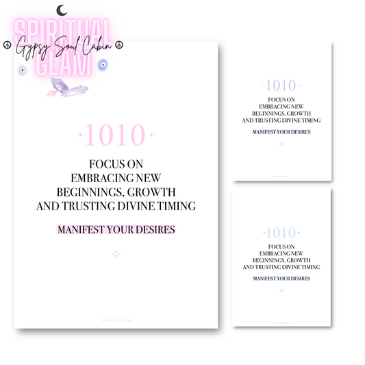 Main product preview for Gypsy Soul Cabin showing the pink highlight version of the 1010 Manifest Your Desires angel number typography print alongside alternative pastel variants.