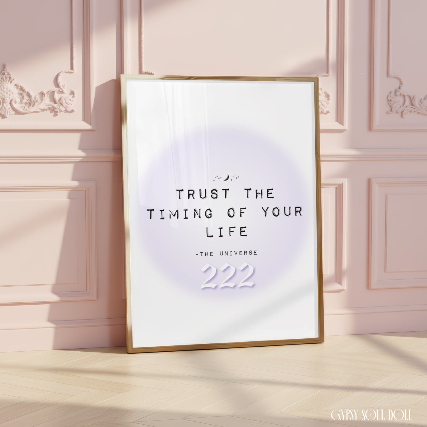 Soft girl aesthetic typography art print reading Trust The Timing Of Your Life with a purple 222 angel number over a pastel purple aura halo.
