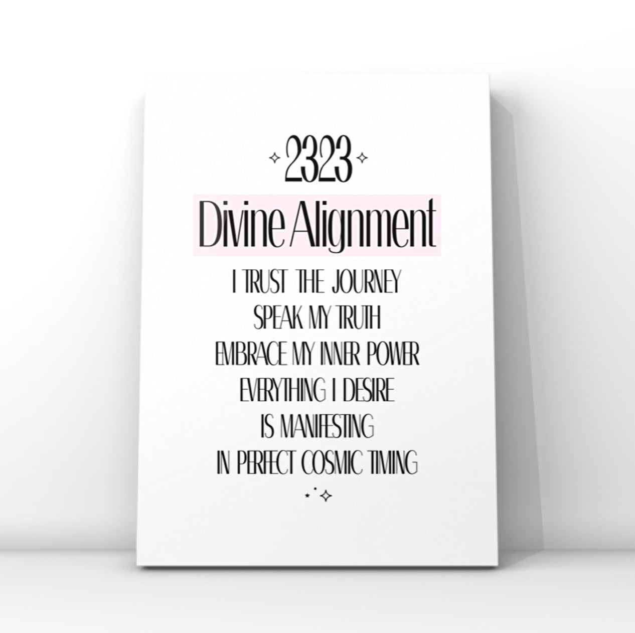 Minimalist spiritual typography print featuring angel number 2323, the text Divine Alignment, and an affirmation about trusting the cosmic journey.