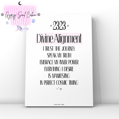 Minimalist spiritual typography print featuring angel number 2323, the text Divine Alignment, and an affirmation about trusting the cosmic journey.