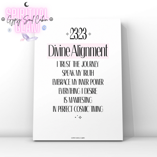 Minimalist spiritual typography print featuring angel number 2323, the text Divine Alignment, and an affirmation about trusting the cosmic journey.