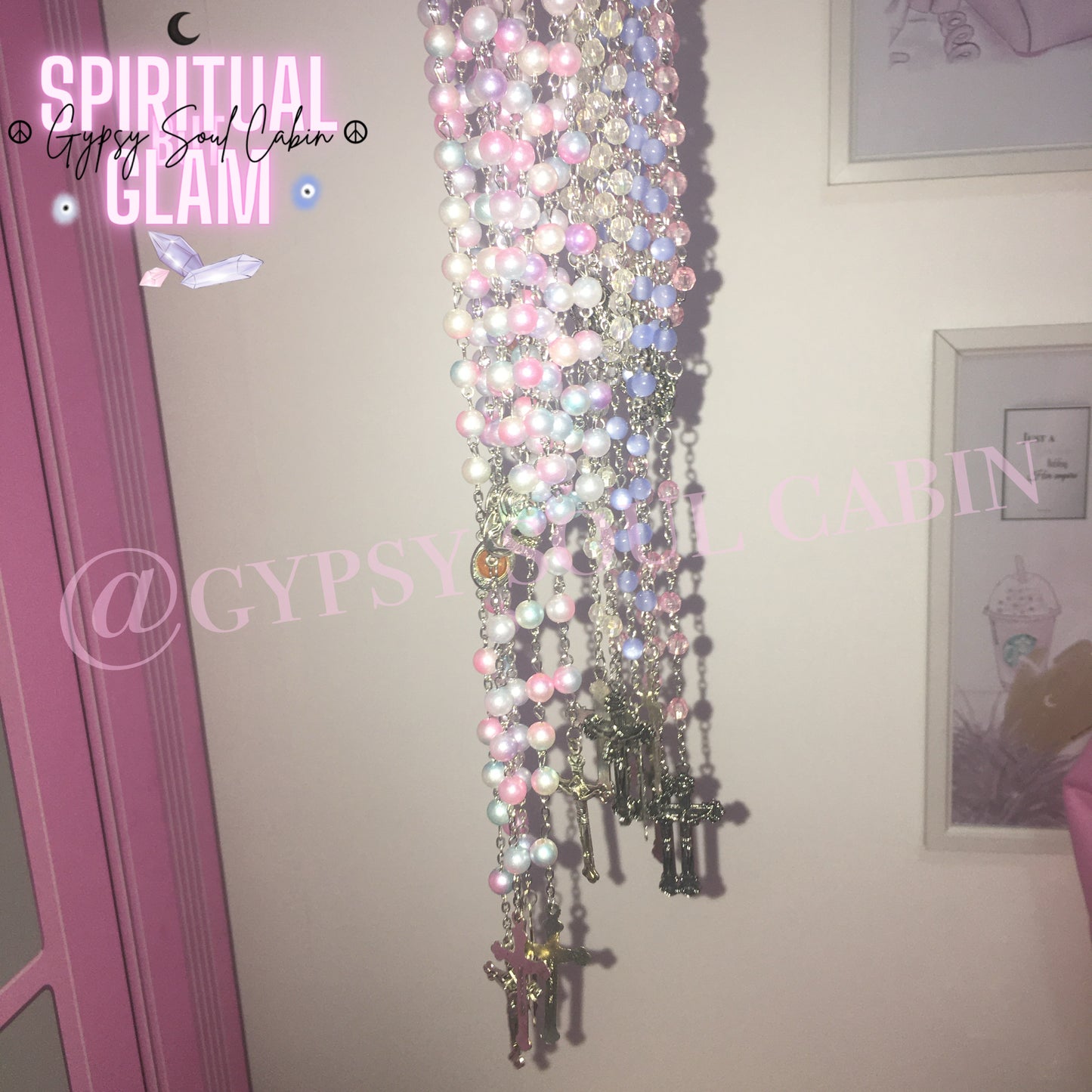 Pastel Pink, Blue, White Pearls Rosary Beads Holy Cross & Mary Charm Necklace Charm
