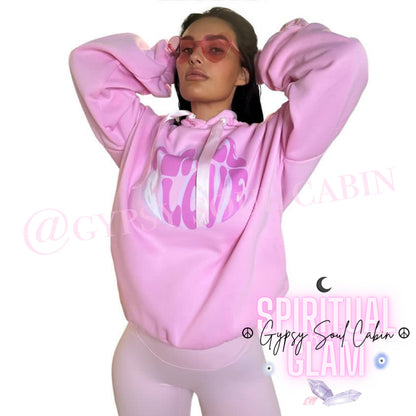 Peace & Love Ruffle Sleeve Pink Oversized Hoodie