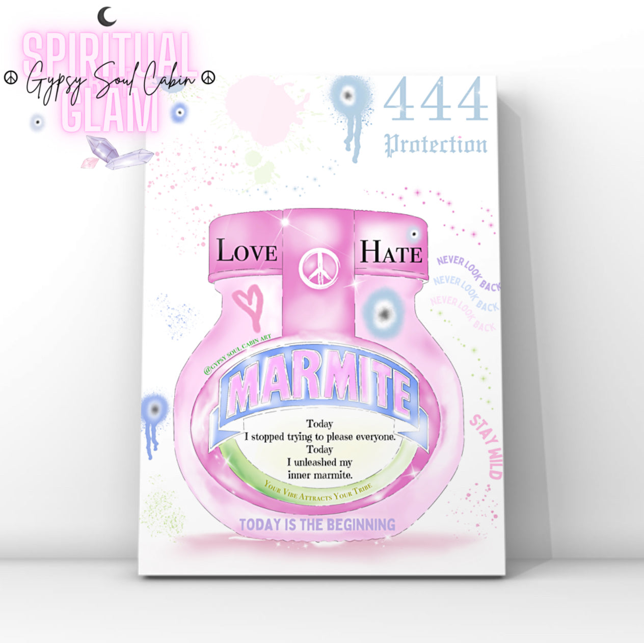 Glamorous pink Marmite parody jar art print featuring angel number 444 Protection, evil eyes, and the quote Today I stopped trying to please everyone, Today I unleashed my inner Marmite.