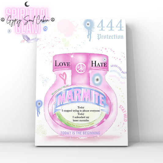 Glamorous pink Marmite parody jar art print featuring angel number 444 Protection, evil eyes, and the quote Today I stopped trying to please everyone, Today I unleashed my inner Marmite.