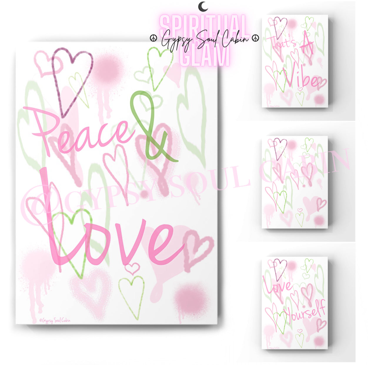 Peace & Love Graffiti Heart Prints – Love Yourself Green & Pink Wall Art