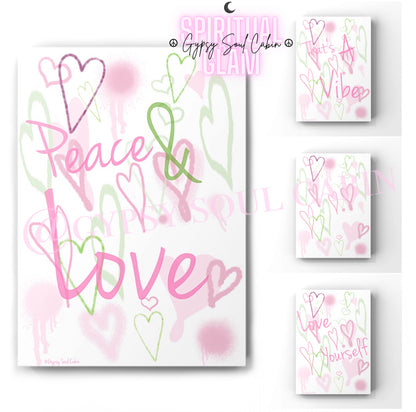 Peace & Love Graffiti Heart Prints – Love Yourself Green & Pink Wall Art
