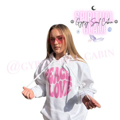Peace & Love Slogan White And Pink Oversized Front Pocket Hoodie