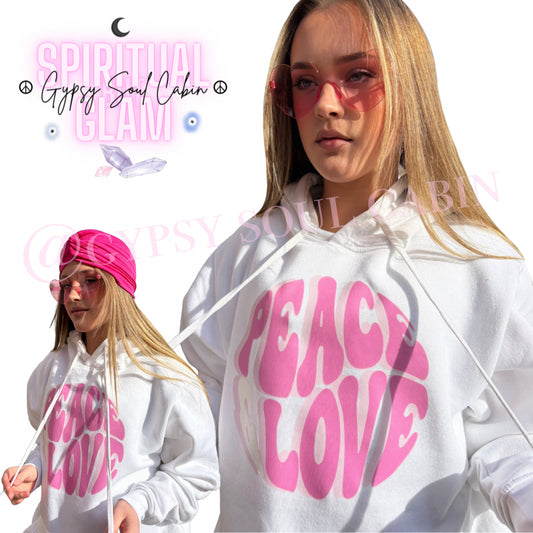 Peace & Love Slogan White And Pink Oversized Front Pocket Hoodie