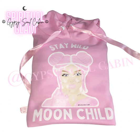 Stay Wild Moon Child Girl Art Pink Scrunched Sleeve Hoodie