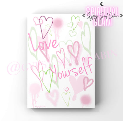 Peace & Love Graffiti Heart Prints – Love Yourself Green & Pink Wall Art