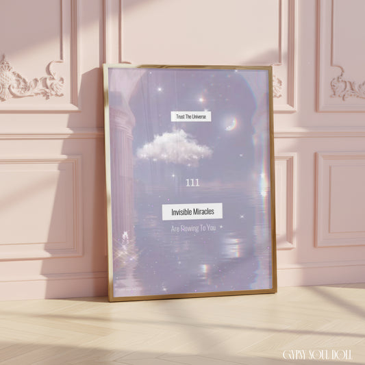 Dreamy pale blue A4 print featuring angel number 111, clouds, and mystical design with inspirational message for self-love and positive energy.