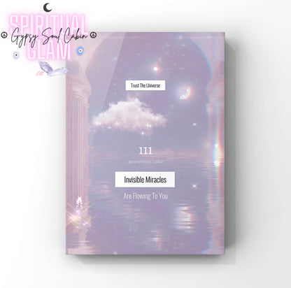 Dreamy pale blue A4 print featuring angel number 111, clouds, and mystical design with inspirational message for self-love and positive energy.