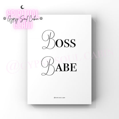 Black and white A4 wall print with the phrase "Boss Babe" in stylish black font, perfect for empowering decor.
