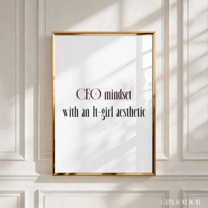 A4 vertical art print with a white background featuring tall black editorial serif typography reading CEO mindset with an It-girl aesthetic. The phrase CEO mindset is layered over a soft pastel pink highlighter-block accent, with a trio of minimalist pink celestial star sparkles centred beneath the text.