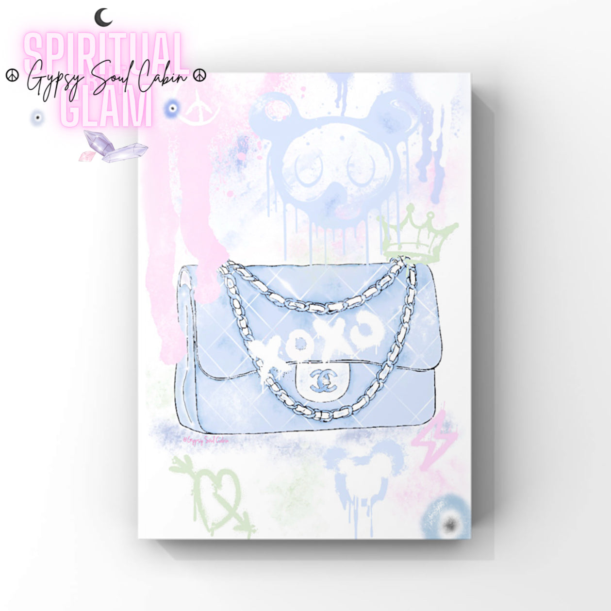 A graffiti-style illustration of a blue Chanel handbag with a chain strap, set against a pastel background with colourful graffiti elements and abstract designs.