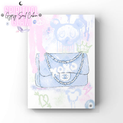 A graffiti-style illustration of a blue Chanel handbag with a chain strap, set against a pastel background with colourful graffiti elements and abstract designs.