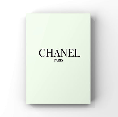Elegant Chanel minimalist fashion art print in A4 size and pastel green colour with black writing.