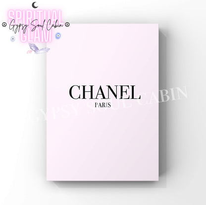 Elegant Chanel Paris minimalist fashion art print in A4 size and pastel pink colour with black writing.