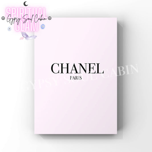 Elegant Chanel Paris minimalist fashion art print in A4 size and pastel pink colour with black writing.