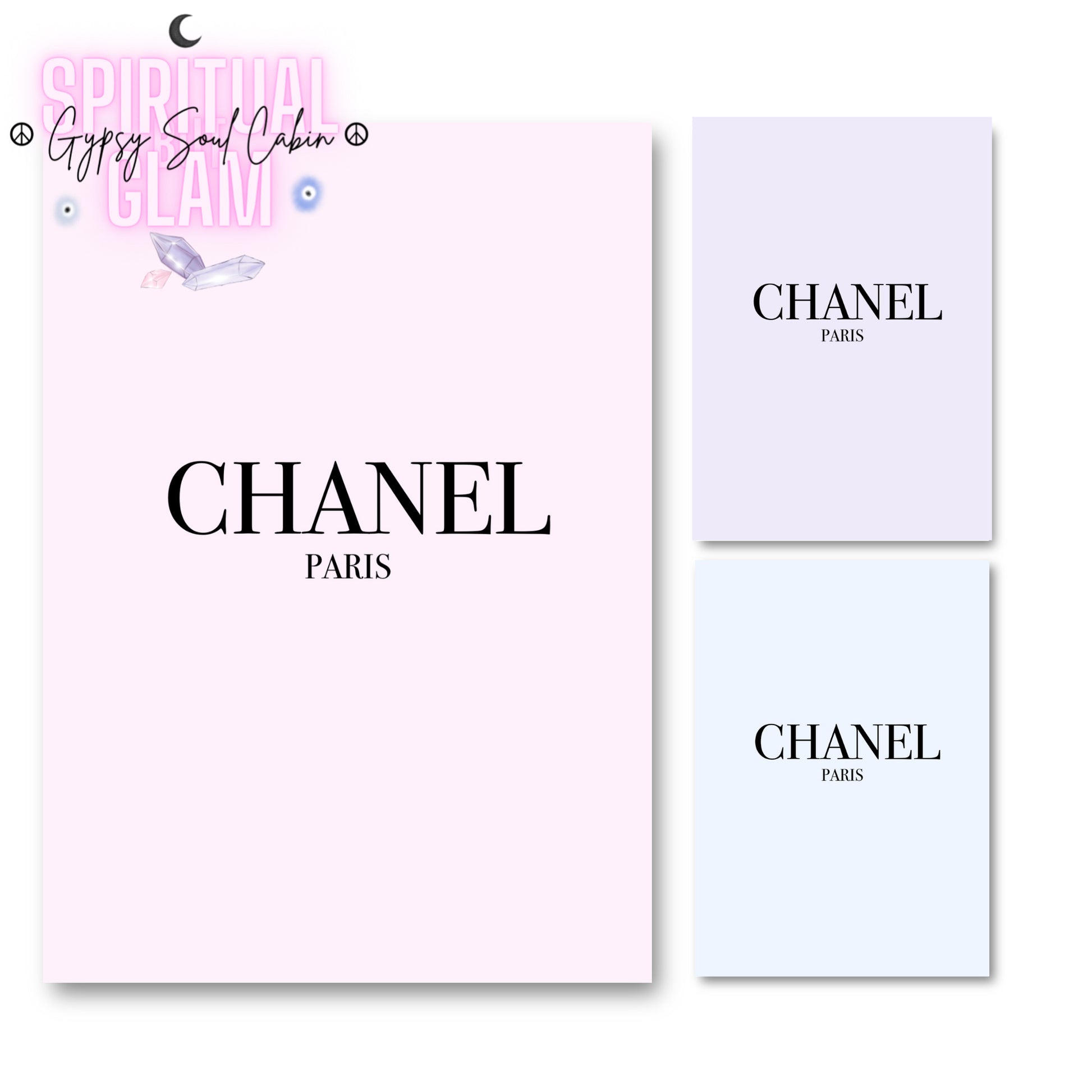 Elegant Chanel minimalist fashion and art print available in a choice of pastel pink, purple, or blue in A4 size.