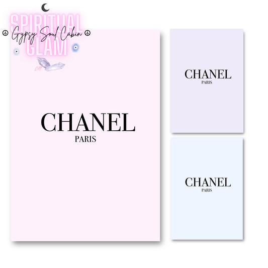Elegant Chanel minimalist fashion and art print available in a choice of pastel pink, purple, or blue in A4 size.