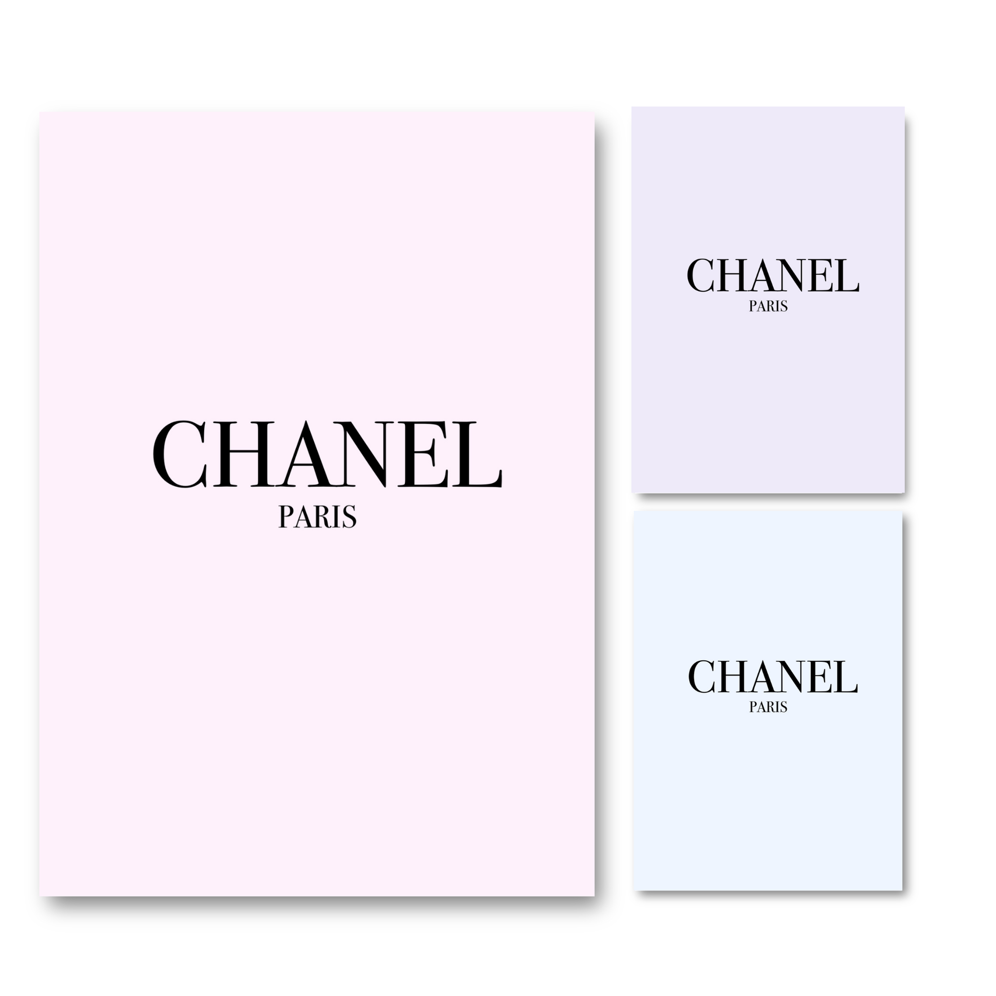 Elegant Chanel minimalist fashion and art print available in a choice of pastel pink, purple, or blue in A4 size.