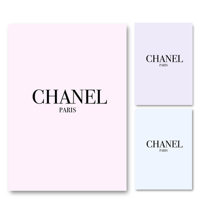 Elegant Chanel minimalist fashion and art print available in a choice of pastel pink, purple, or blue in A4 size.