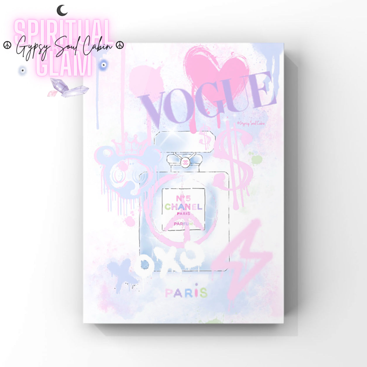 A graffiti-style A4 print featuring a Chanel perfume bottle with pink and purple spray paint effects, Vogue logo, and Paris text in pastel colours.