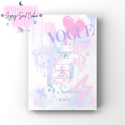 A graffiti-style A4 print featuring a Chanel perfume bottle with pink and purple spray paint effects, Vogue logo, and Paris text in pastel colours.