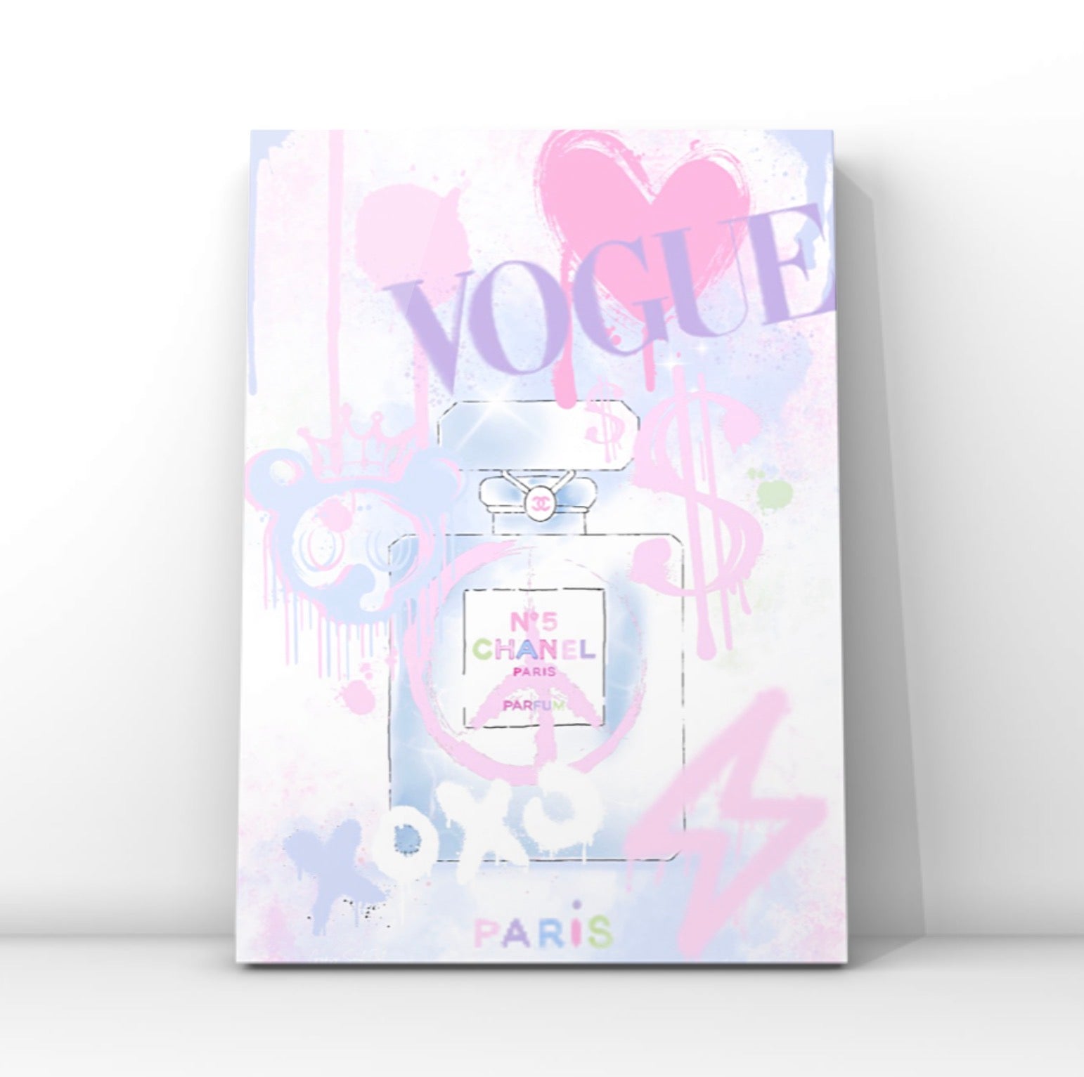A vertical poster or art print featuring a stylized Chanel No. 5 perfume bottle illustration with the word 'VOGUE' and 'PARIS' in pastel pink, purple, and blue graffiti-style graphics on a white background.