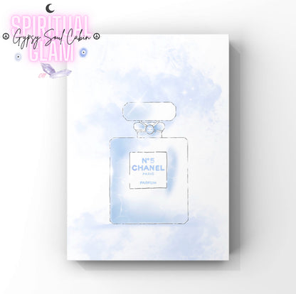 Perfume bottle wall print with Chanel logo on a white background.