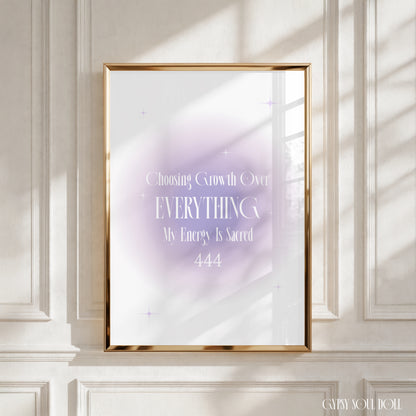 Aesthetic A4 art print featuring a soft-blur purple airbrush aura circle with white Y2K retro star sparkles, typography reading Choosing Growth Over EVERYTHING My Energy Is Sacred, and the 444 angel number centered at the bottom by Gypsy Soul Doll.