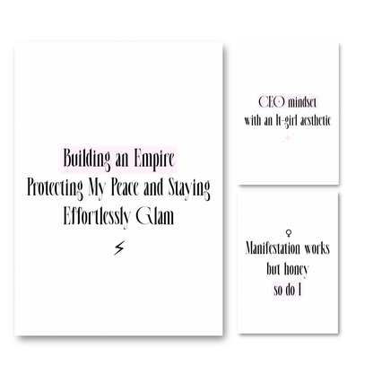 Three vertical girl boss A4 typography prints by Gypsy Soul Doll featuring black serif text, baby pink highlighter blocks, a lightning bolt, pink sparkles, and a Venus symbol over a white background.