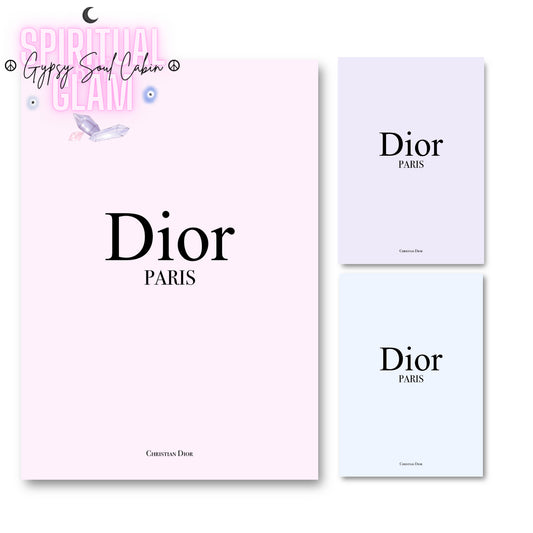 Elegant Dior Paris minimalist art print in pastel pink, purple, and blue with black text, perfect for stylish wall decor.