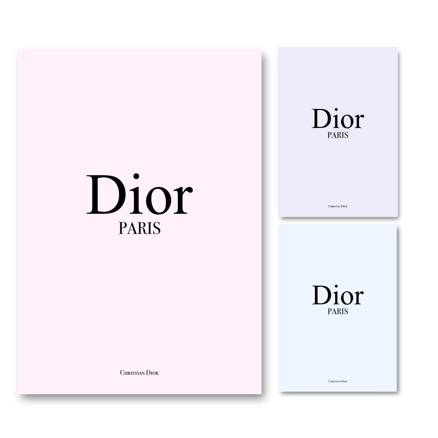Elegant Dior Paris minimalist art print in pastel pink, purple, and blue with black text, perfect for stylish wall decor.