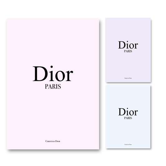 Elegant Dior Paris minimalist art print in pastel pink, purple, and blue with black text, perfect for stylish wall decor.