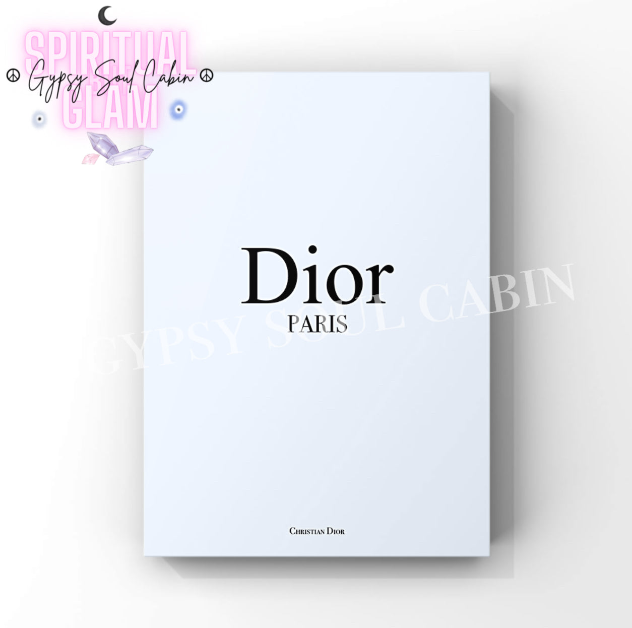 Elegant Dior Paris minimalist art print in pastel blue with black text, perfect for stylish wall decor.