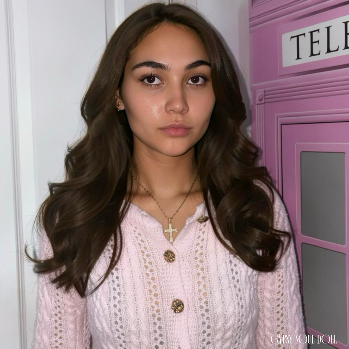 A model with wavy brunette hair posing between a white door and a pink decorative telephone booth, wearing a pastel pink knit cardigan accessorised with a gold chain featuring a pavé crystal-encrusted cross pendant by Gypsy Soul Doll.