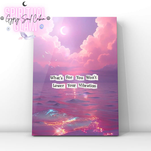 Spiritual Poster with a pink and purple sky over water, featuring motivational text, on a white background.