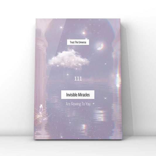 Dreamy pale blue A4 print featuring angel number 111, clouds, and mystical design with inspirational message for self-love and positive energy.