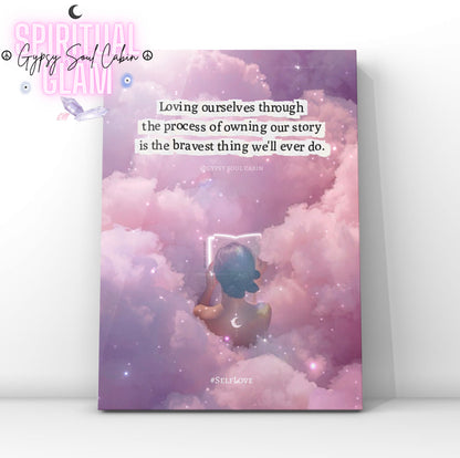 Dreamy pink and purple cloud background A4 print with inspiring self-love quote and moon and star motifs, perfect for feminine motivational wall art.