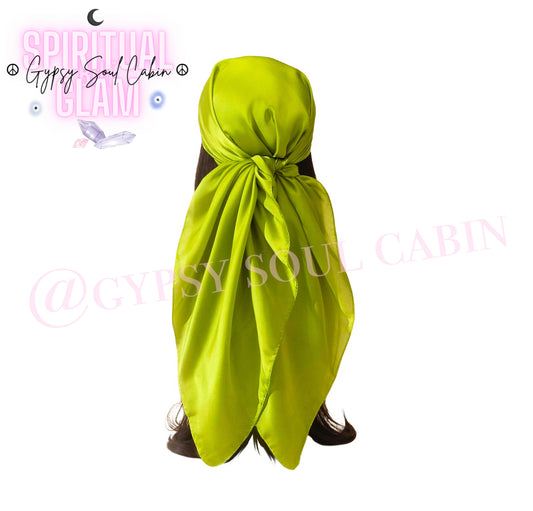 A green bohemian gypsy head wrap tied in a knot, likely made from satin, displayed on a mannequin with the brand name 'Gypsy Soul Cabin'.