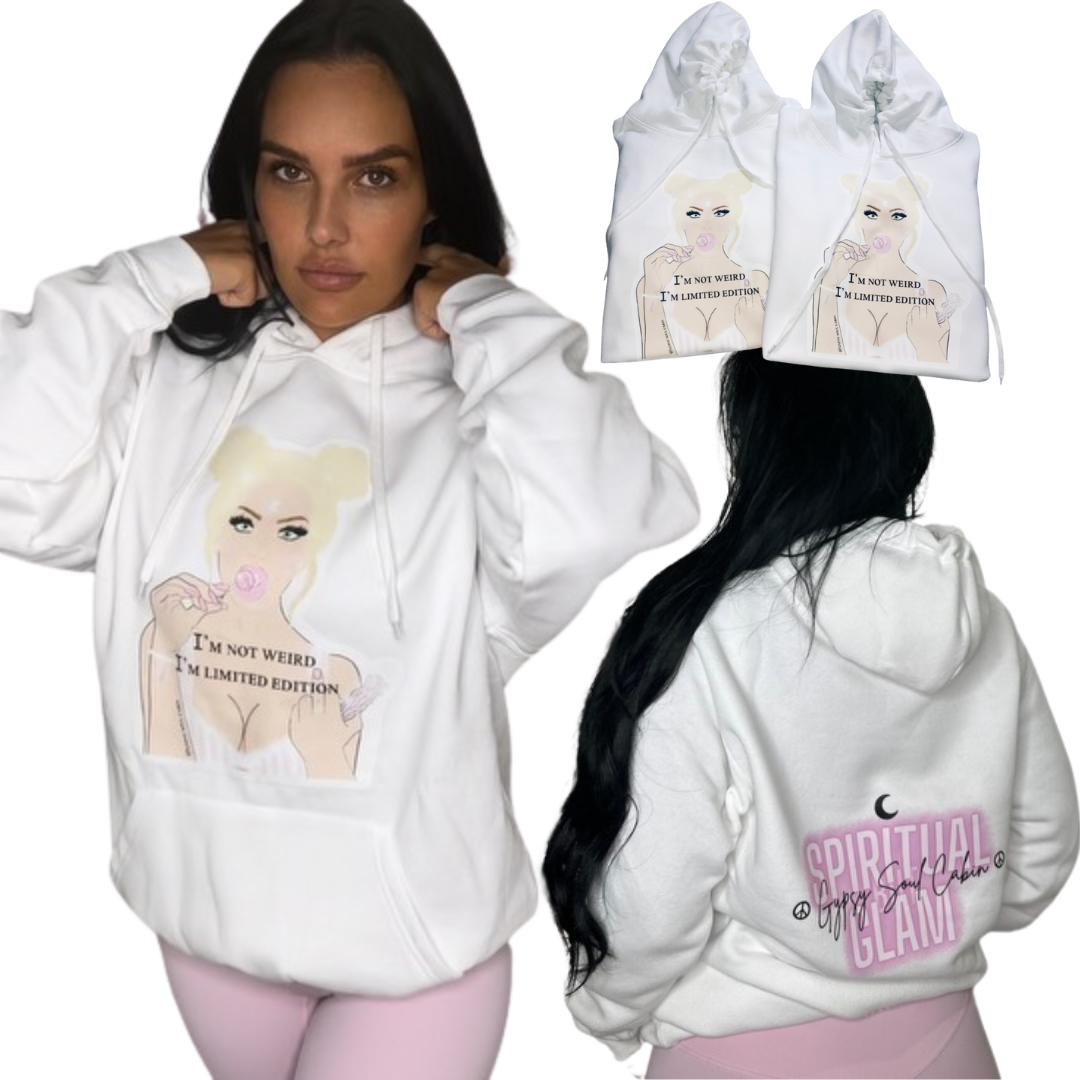 An oversized white hoodie with front pocket featuring artwork of a female figure on the front and a logo on the back.