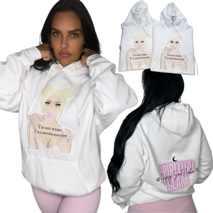 An oversized white hoodie with front pocket featuring artwork of a female figure on the front and a logo on the back.