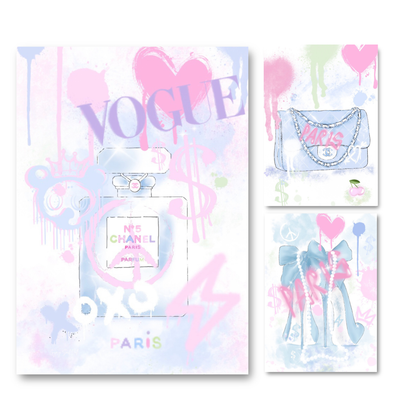 Set of three A4 prints featuring graffiti-style luxury fashion icons, including a Chanel handbag, perfume bottle, and chic heels with Vogue, Paris, and Chanel branding.