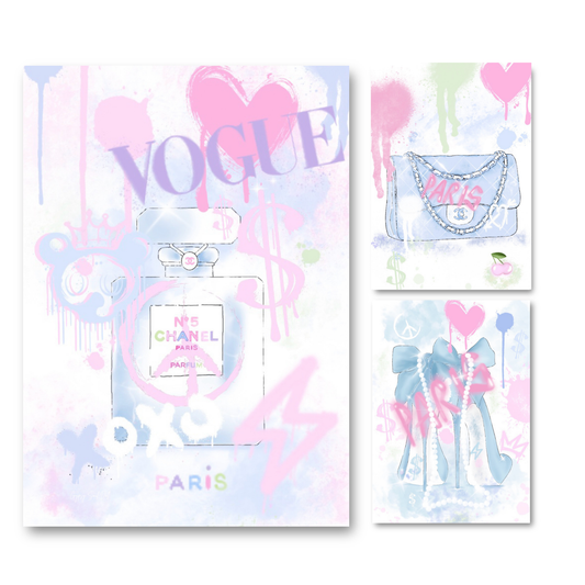 Set of three A4 prints featuring graffiti-style luxury fashion icons, including a Chanel handbag, perfume bottle, and chic heels with Vogue, Paris, and Chanel branding.