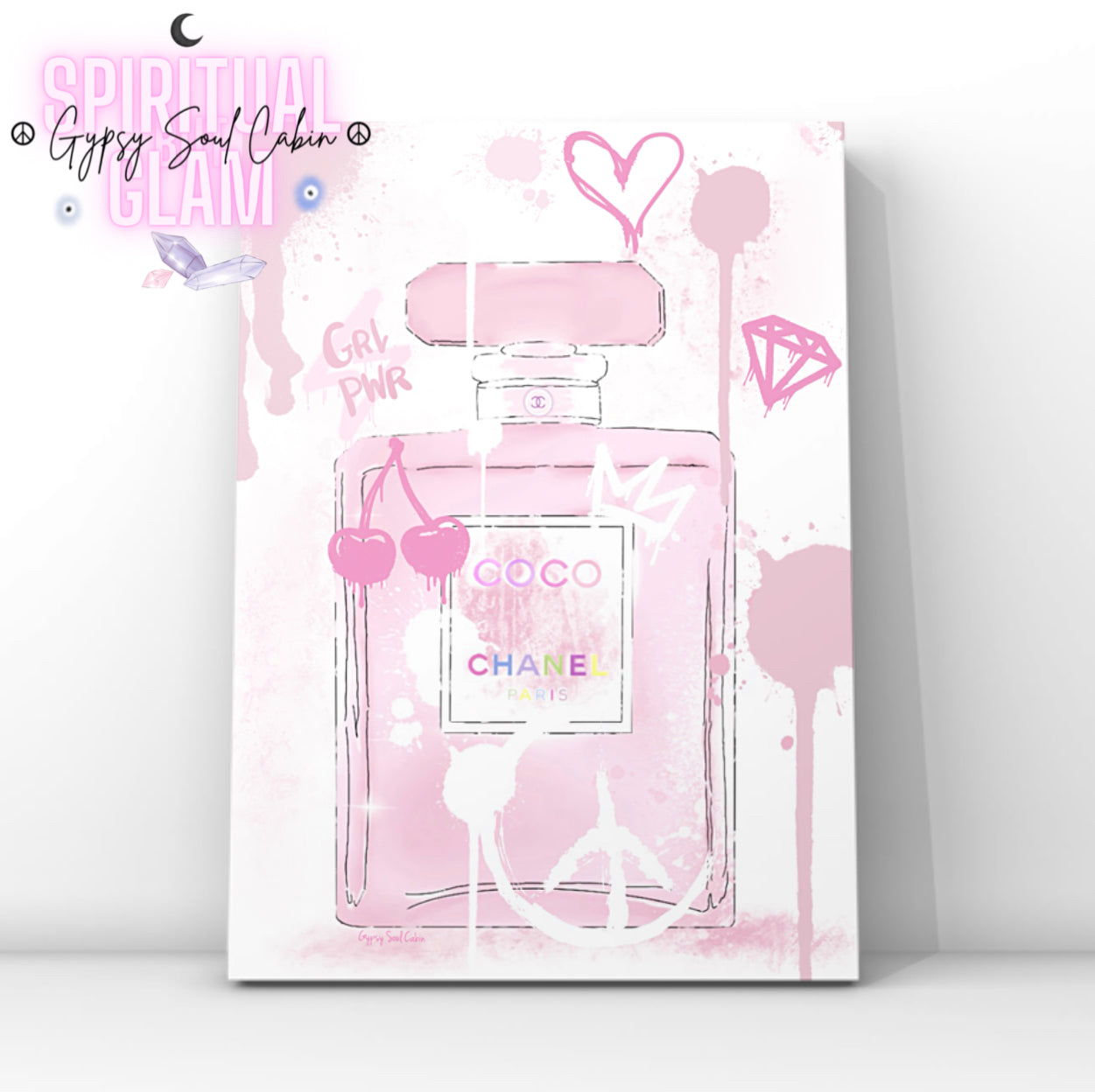 A pastel graffiti-style A4 art print of a Chanel perfume bottle, adding an elegant and modern touch to feminine decor.
